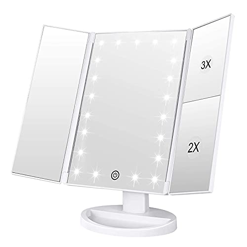 WEILY Makeup Mirror with 21 LED Lights,Two Power Supply Modes, Adjustable Touch Screen and 1x/2x/3x Magnification Tri-Fold Vanity Mirror,Chargeable Travel Cosmetic Mirror for Desktop(White) by WEILY - Used condition - US$18.37