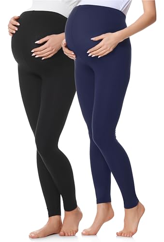 Be Mammy Lote de 2 Leggins Premamá Embarazo Ropa Deporte BE20-230(Negro/Azul Marino, XL)