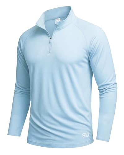 AMZSPORT Maglia Uomo Maniche Lunghe UV Rashguard UPF 50+ 1/4 Zip Asciugatura Rapida Funzionale Sportiva con Cerniera Protezione Solare Blu M
