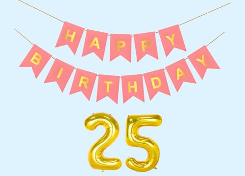 Image of 25th Happy Birthday Decoration Kit Light Pink for 25 year Old Boys Girls Men with Number Twenty-five Party Decorations Decor Celebration Items Item Set Combo Reusable Paper Banner