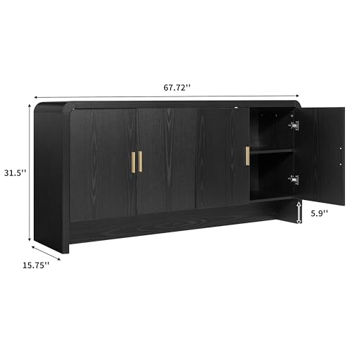 Image of Finnhomy 68'' Sideboard Buffet Cabinet with Storage, Curved Design Credenza Storage Cabinet with 4 Doors, Console Cabinet for Kitchen, Living Room & Hallway, Black