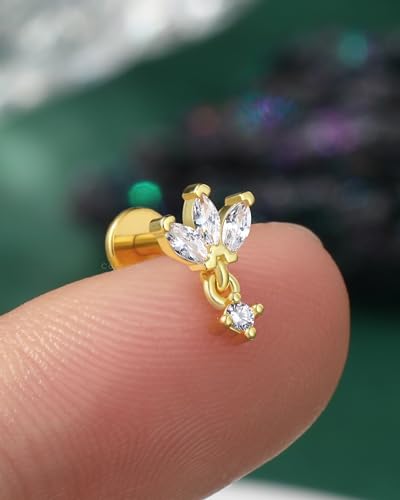 COCHARM Silver Gold Dangling Lotus Helix Tragus Earring Stud 16g 6mm Threadless Cartilage Earring Flat Back Flower Helix Cartilage Piercing Short Bar Helix Jewelry4