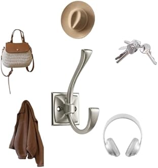 CABDM 5 Pack Decorative Heavy Duty Towel Hooks for Hanging Robe Double Satin Nickel Coat Hooks Wall Mounted with Screws for Key, Towel, Bags, Cup, Hat