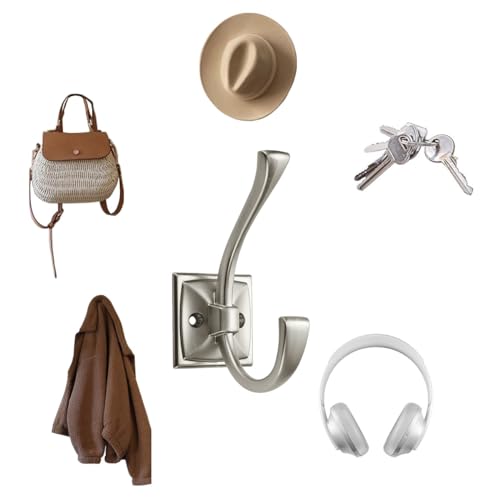 CABDM 5 Pack Decorative Heavy Duty Towel Hooks for Hanging Robe Double Satin Nickel Coat Hooks Wall Mounted with Screws for Key, Towel, Bags, Cup, Hat