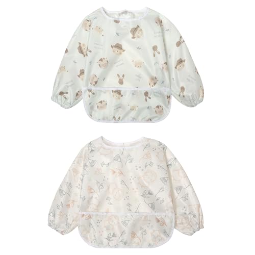 Little Dimsum Lätzchen Baby Lätzchen mit Ärmeln, Wasserdicht Abwaschbar Ärmellätzchen, Baby Bibs Set für Kleinkinder mit Großer Tasche (6-36 Monate) - 2er-Pack