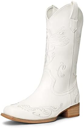 DREAM PAIRS Women's Square Toe Cowboy Cowgirl Boots Pull On Low C...