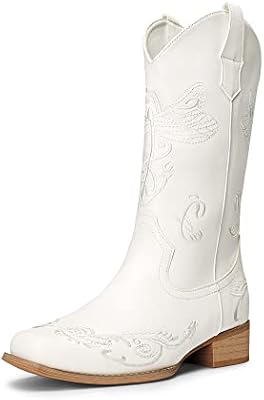 DREAM PAIRS Women's Square Toe Mid Calf Western Cowboy Boots with Low Chunky Heel & Embroidery