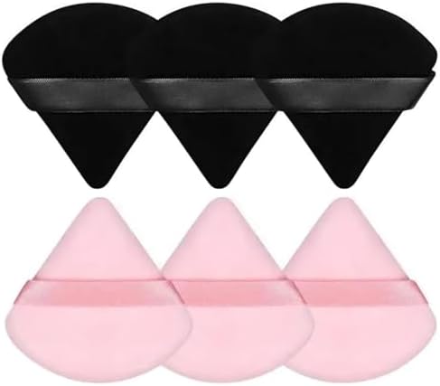 Powder Puff,6 Pcs Triangle Velvet Powder Puff,with Ribbon Band,for Contouring,Under Eyes, Corners,for Loose Powder Body Powder Makeup Tool (Pink/Black)