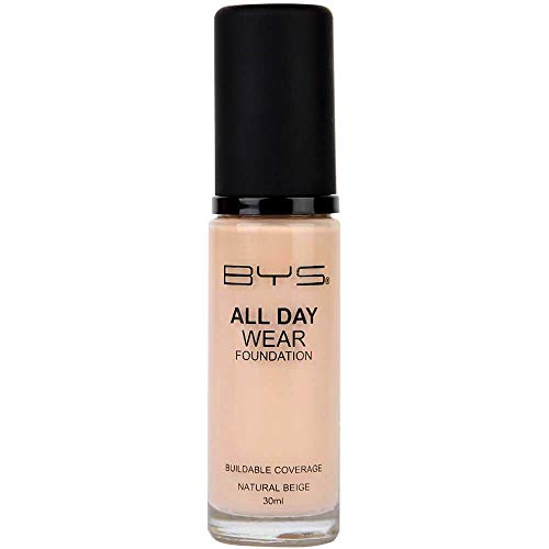BYS All Day Wear Liquid Foundation Natural Beige - flawless base lasts all day no cake or flake buildable coverage Argan Oil antioxidant Vitamin E Peptides Vitamin C Hyaluronic Acid