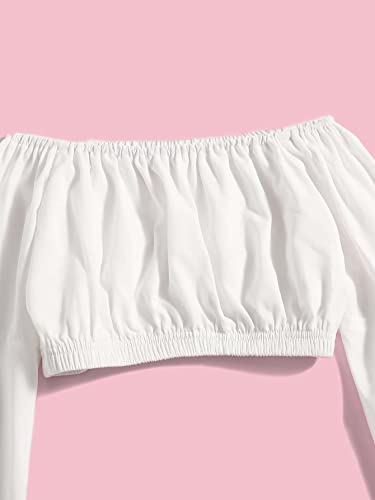 Floerns Girls Off The Shoulder Flounce Long Sleeve Ruched Blouse Crop Tops White 11-12 Years #TOP2
