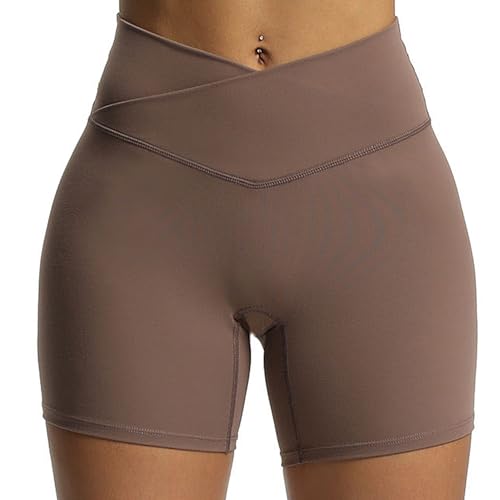 Aoxjox Trinity - Pantalones Cortos de Ciclismo para Mujer, Cintura Cruzada, Cintura Alta, Ejercicio, Atletismo, Gimnasio, Correr, Yoga, 6 Pulgadas, Fudge Coffee, M