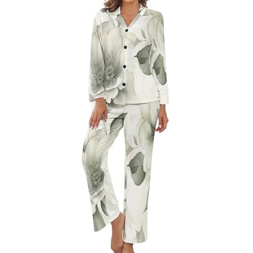 Pyjama femme deux pièces mi-saison en coton avec pantalon imprimé fleurs d'encre