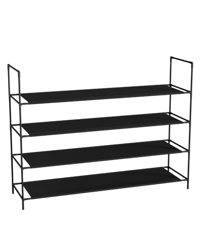 Sekey Schuhregal 4 Ebenen mit Vlies-Shelves, stapelbar & platzsparend, Metall-Vlies-Kombi für 20-24 Paar Schuhe (98,5×28×75 cm, Schwarz)
