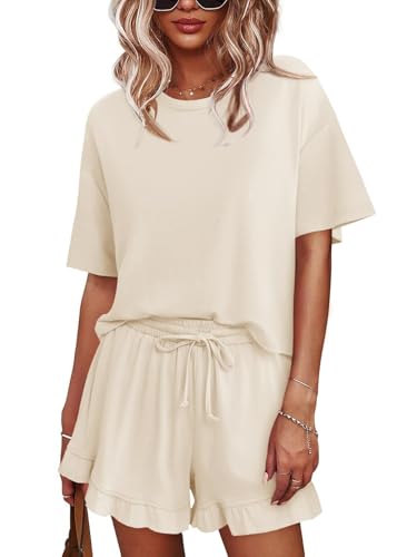Image of Tankaneo Womens 2 Piece Shorts Set Summer Casual Short Sleeve T Shirts Drawstring Ruffle Shorts Pajamas Lounge Set