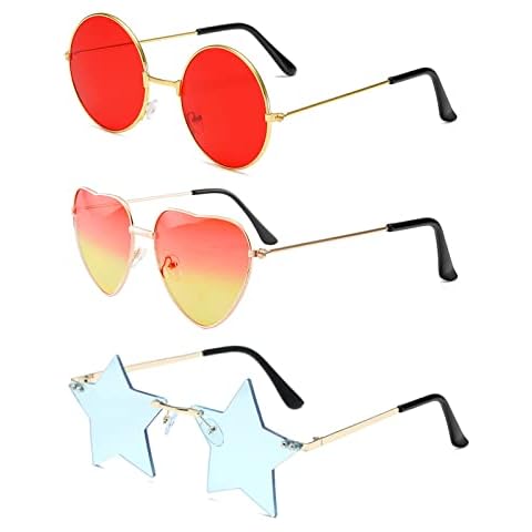 AOT 3 Pack Hippy Specs Sunglasses, Round Heart Star Shaped Retro Hippy Costume Glasses with Metal Frame, Colored Funky Sunglasses 60's 70's Style Party Decoration Eyeglasses Cover