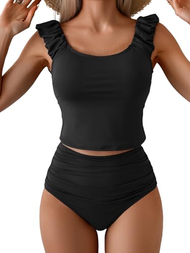 Eomenie Tankini Swimsuits for Women Ruched Tummy Control Bathing Suits Two Piece Swim Tank Top with High Waisted Bottom
