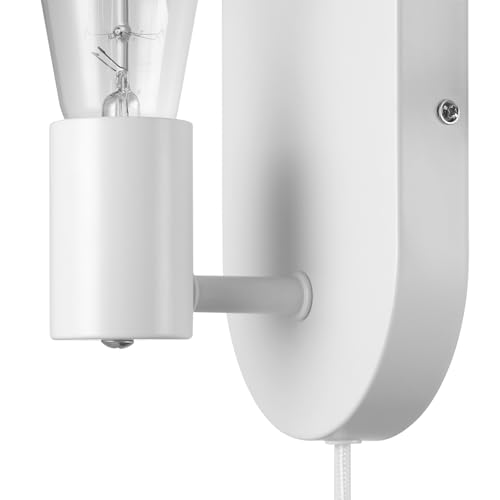 Image of Globe Electric 65000134 1-Light Plug-in or Hardwire Wall Sconce, Matte White, 6ft White Fabric Covered Cord, Inline On /Off Rocker Switch, Bedroom, Living Room, Mounted Lamp