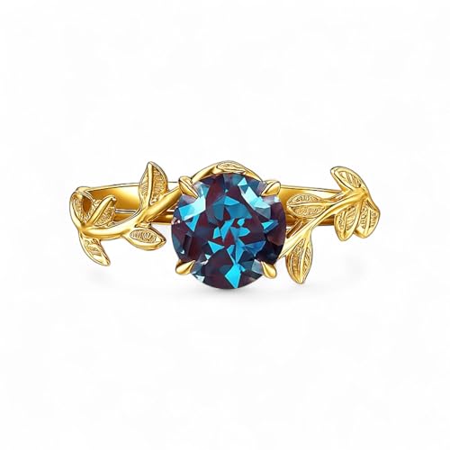 6MM Round Shape Purple Alexandrite Nature Inspired Leaf Ring Black Gold Plated Solitaire Minimalist Ring June Birthstone Women Fine Jewelry Promise Gift For Mother