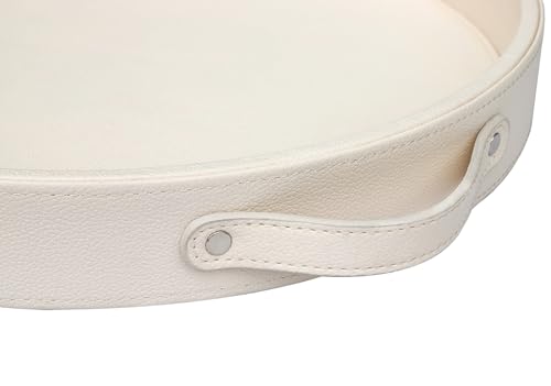 HofferRuffer Top Nocth PU Leather Round Serving Tray, Decorative Serving Tray with Handles, Coffee Tray, Ottoman Tray for Home Or Office, Diameter 14.6-inch (CreamWhite) by HofferRuffer - Used condition - Image 5