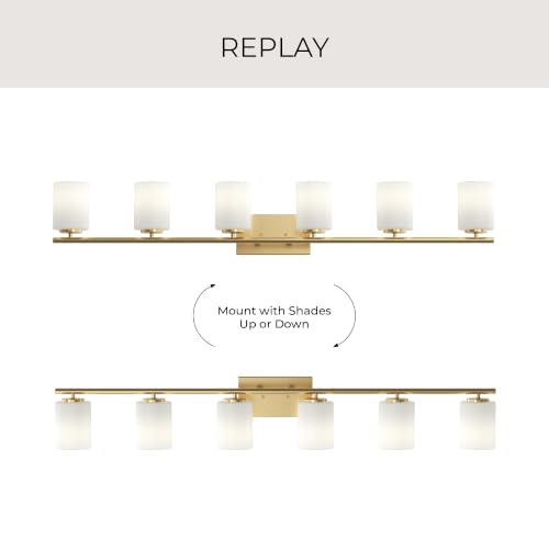 Image of Progress Lighting Replay 48 Inch 6-Light Vanity Light, Transitional, Brushed Gold with Etched Glass Shades, (7.875 inch H x 48 inch W x 6 inch D), P300385-191