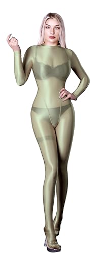 SOFSOT Ultra-transparenter Ganzkörperanzug für Damen, lange Ärmel, glänzend, Einteiler, glänzender Catsuit, Nylons, Ganzkörperanzug, Tender Green, XXL