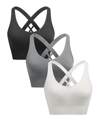 ANGOOL Sport BH Damen ohne Bügel Push Up BH Starker Halt Sport Bustier Damen Gepolstert Crossback Seamless Yoga Joggen Gym, Schwarz+Grau+Weiß, M