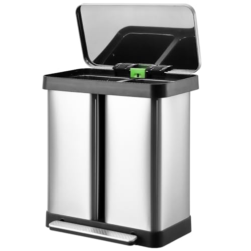 Garvee 19 gal/72 L Dual Trash Can, Stainless Steel Kitchen Garbage Can, 36 L+36 L Two Compartment Recycle Bin with Soft-Close Lid and Foot Pedal for K