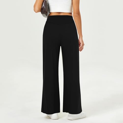 Womens Wide Leg Pants Summer Drawstring High Waisted Lounge Pants Flowy Pleated Palazzo Trousers Pants with Pockets4