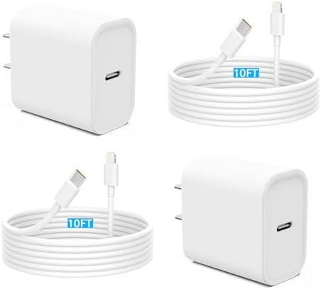 iPhone 14 13 Fast Charger [MFi Certified] 2 Pack 20W PD USB C Wall Charger Adapter with 2 Pack 10FT Long Type C to Lightning Cable for iPhone 14 13 12 11 Pro Max XR XS X, More