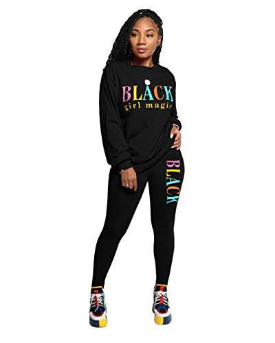 Halfword Womens Long Sleeve Letter Print 2 Piece Outfits T-Shirt and Pants Set Sweatsuits Tracksuits Black L