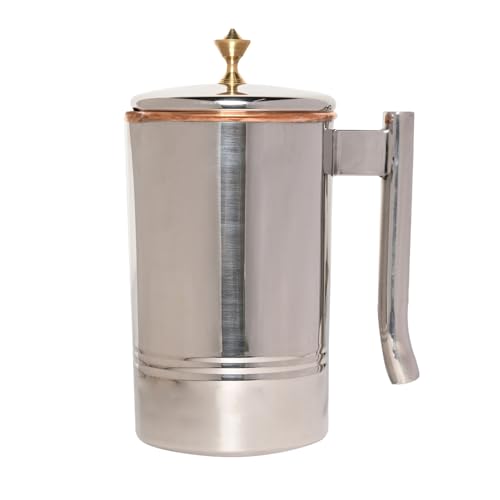 Brocca in rame e acciaio inossidabile, caraffa esterna in acciaio inossidabile e interno in rame per benefici per la salute dell'Ayurveda (manopola in ottone da 1,5 litri)