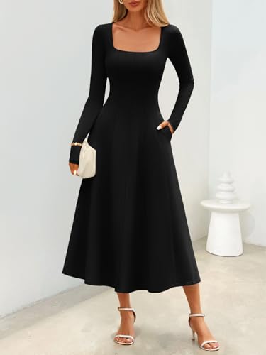 MEROKEETY Women's Fall Dresses 2025 Long Sleeve Square Neck Elegant Classy Winter Cocktail Wedding Guest Midi Dress2