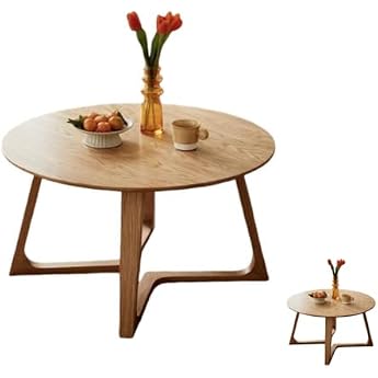 Low Table, Center Table, 100% Solid Oak, Round Type, Living Room, Space Saving, Compact Table, Wooden, Bedroom, Veranda, Study Desk, Snack Breakfast, Stylish Wood Grain Desktop Style, Diameter 2.0 inches 50 mm, Height 1.4 inches 35 cm