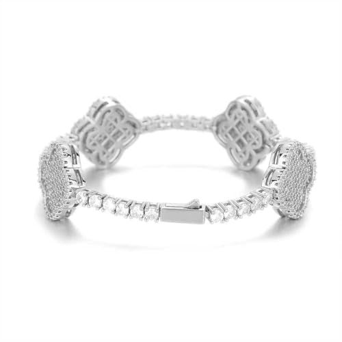 Men's Hip-Hop Spring Clasp Four-Leaf Clover Zircon Tennis Bracelet Silver or Gold Finish Available 7“ or 8” Length Versatile Fashion Accessory