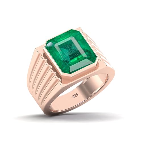 Gems Vibes Exquisite Emerald Gemstone Ring Solid 925 Sterling Silver Ring Gift For Any Occasion May Bithstone Emerald Ring Handmade Statement Ring Men's Signet Ring (Rose Gold) Size T (10)