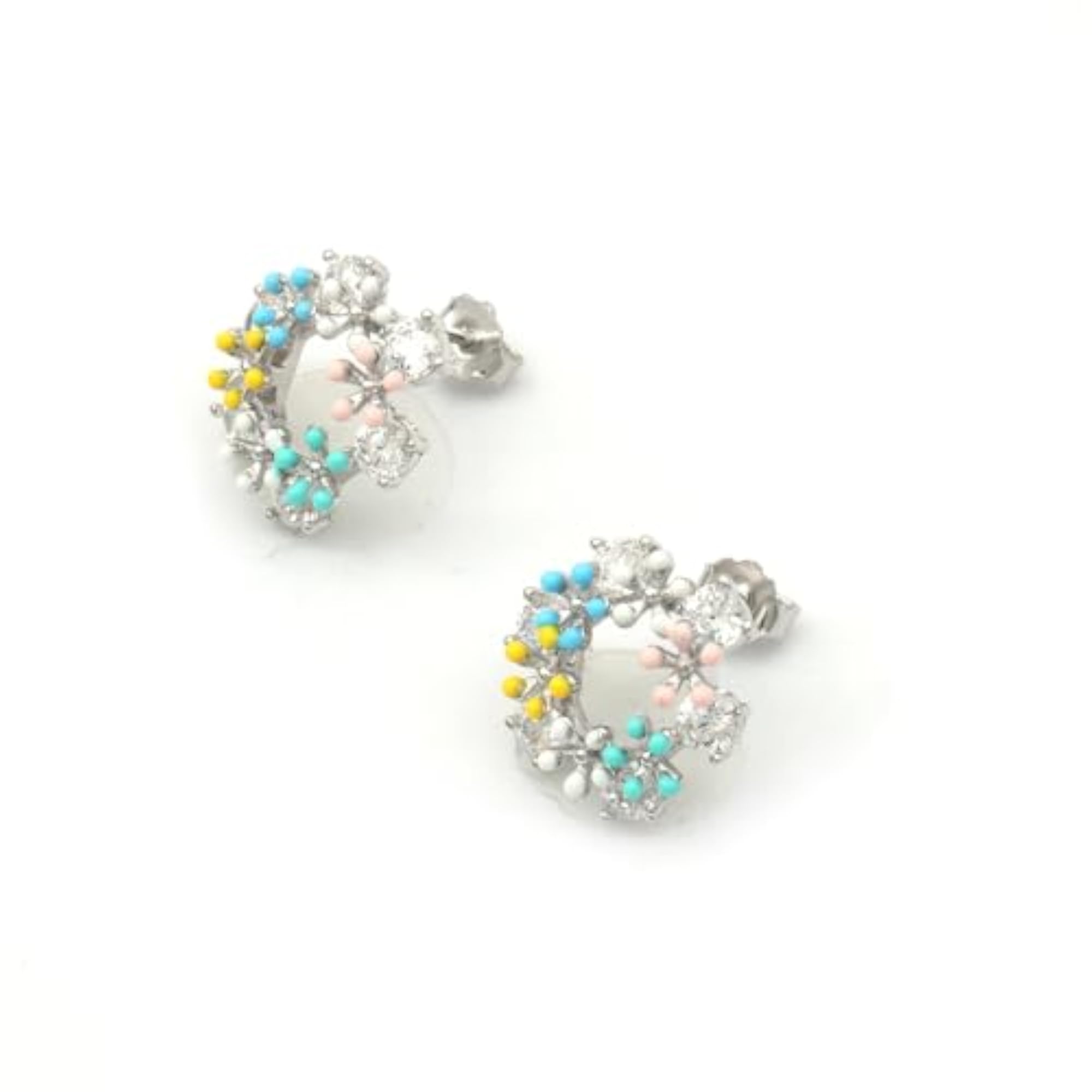 Multicolour Enamel Floral 925 Sterling Silver Earrings Set