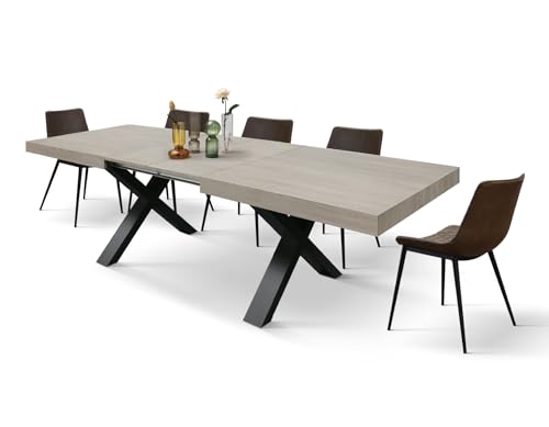 PAZZO DESIGN Table extensible Sofia, table de salon, cuisine, pieds croisés x noirs, fabriquée en Italie, Olmo perle, 160 x 90 x 76 cm - id_2128