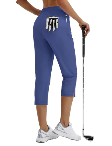 Image of baleaf 20'' Women Capris with Pockets Stretch Golf Work Dress Cropped Pants Straight Leg High Waisted Pull On Summer