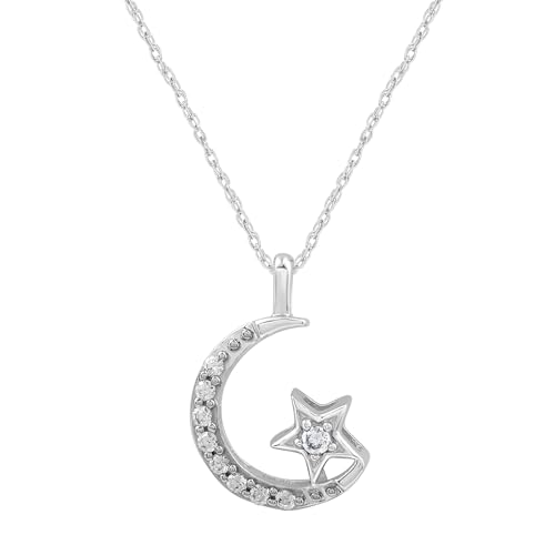 GILDED 10K White Gold 1/10 cttw Natural Round-Cut Diamond (I-J Color, I2-I3 Clarity) Moon and Star Pendant 18'