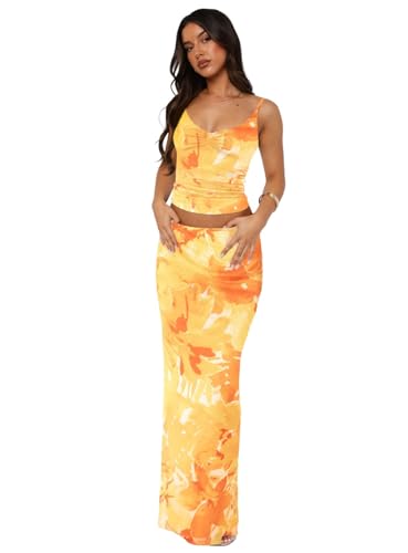 Image of Two Piece Skirt Set for Women - Sexy Sleeveless Spaghetti Strap Pleated Tank Top Maxi Long Skirts Sets