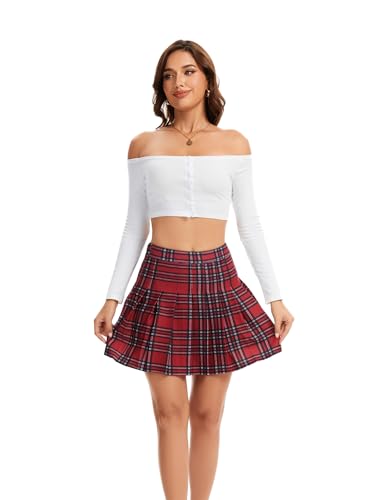 Image of Shestellar Stretchy Short Pleated Skirts for Women Cheerleader Uniform High Waist A-line Mini Skirt Red Plaid XL
