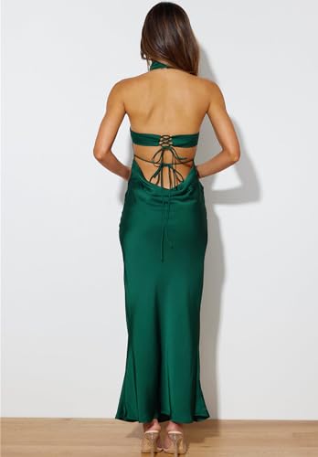 Image of Women Summer Satin Halter Neck Backless Formal Wedding Guest Maxi Dress