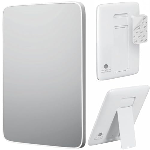 Mavoro Specchio da viaggio 17.5 x 22.5 cm | Piccolo specchio murale adesivo | Montaggio Peel & Stick | Specchio trucco da viaggio | Vetro reale | Specchio vanity con base