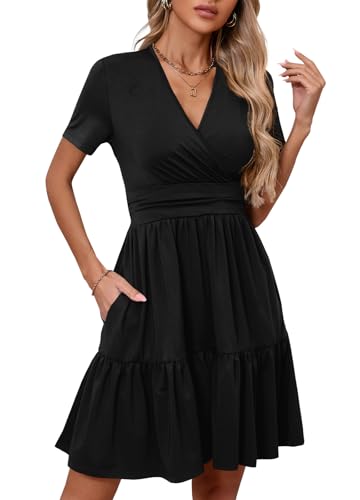 Image of Women's Casual Summer Dress V Neck Short Sleeve Flowy Stretchy Comfort Fit for Daily Wear Work Midi Dresses