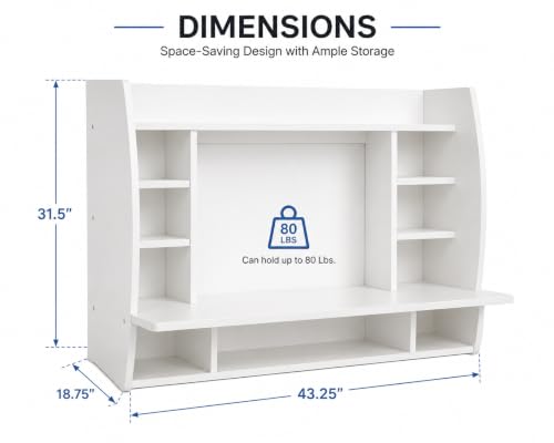 Image of Versatile Wall Mount Floating Computer Desk - Stylish and Space-Saving Writing Study Table with Shelves - Ideal for Living Room, Bedroom, and Home Office, White