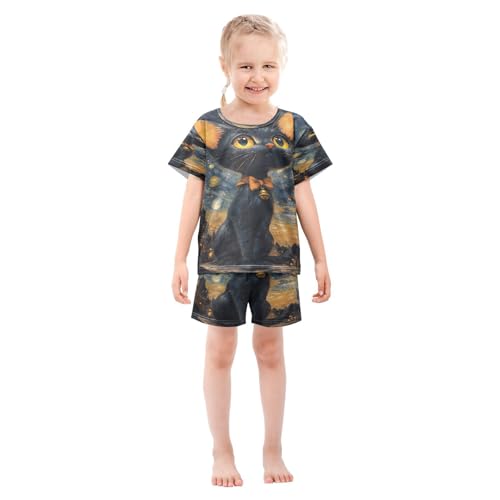 ALAZA Cat Sky Galaxy Nebula Van Gogh Pajamas Set Short Sleeve Cotton Sleepwear Summer Pjs 2 Piece 5-14Y3
