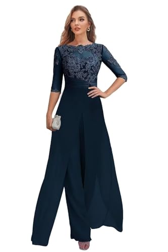 2 Pieces Mother of The Bride Pant Suits for Women Dressy - Chiffon Lace Applique Wedding Guest Formal Party Evening Gown Navy Size 16
