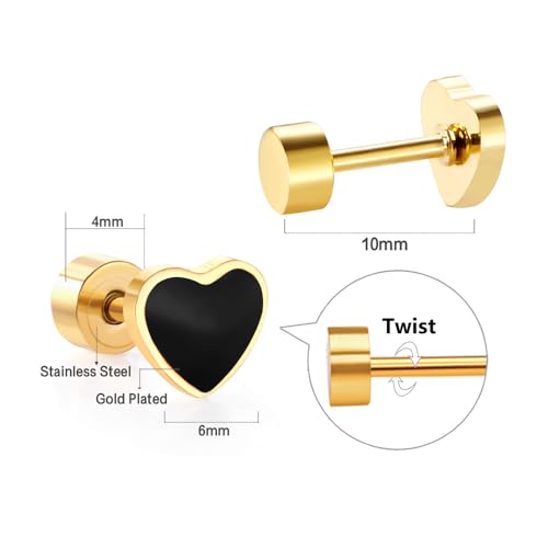 18G Black Enamel Heart Love Screw Back Small Stud Earrings for Women Men Minimalist Surgical Steel Cartilage Tragus Piercing Sleeper Studs Hypoallergenic for Sensitive Ears Valentine's Day Birthday Gift Her Daughter2