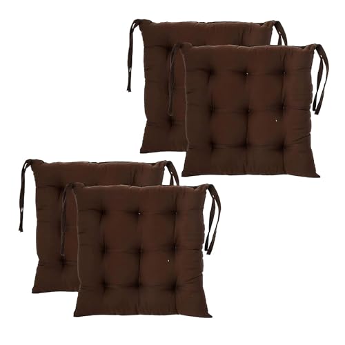 Kuber Industries Pack of 4 Cushions Pads for Chair | 18x18 Inch | Back Cushion for Office Chair Car Sitting | Microfiber Square Chair Pad with Ties | Brown