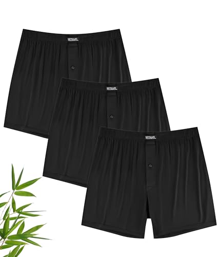 YESWEL Mens Boxers Bamboo Boxers L Black Loose Fit With Button Fly Comfortable Underwear Trunks Tag-free Underpants Pack of 3